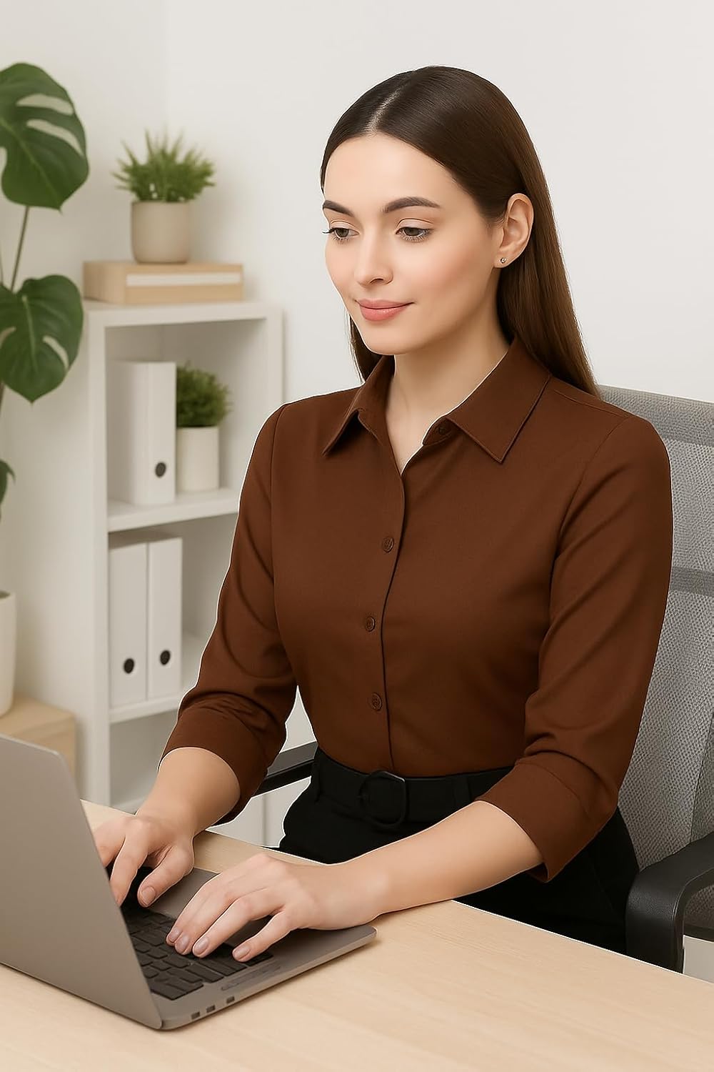 PRIASE B Women's Formal Shirt – 3/4 Sleeve Slim Fit Solid