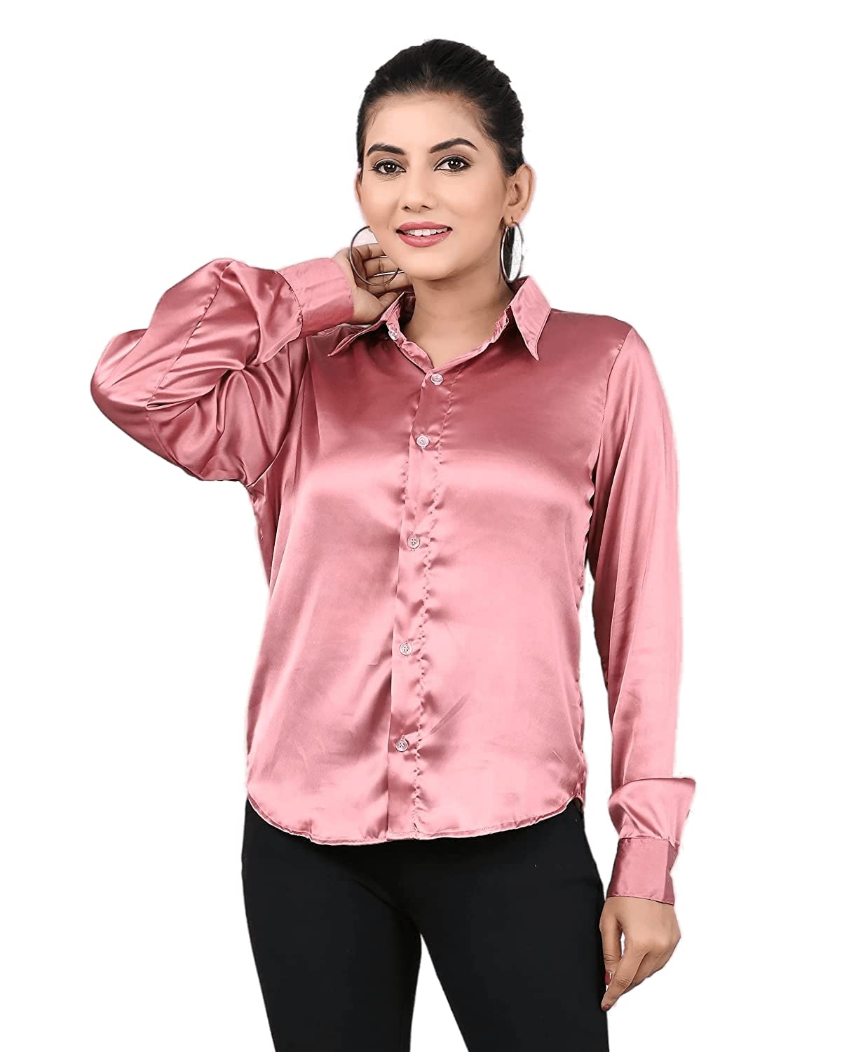 Bowrain Satin Silk Fabric Spread Collar Full Sleeve Top