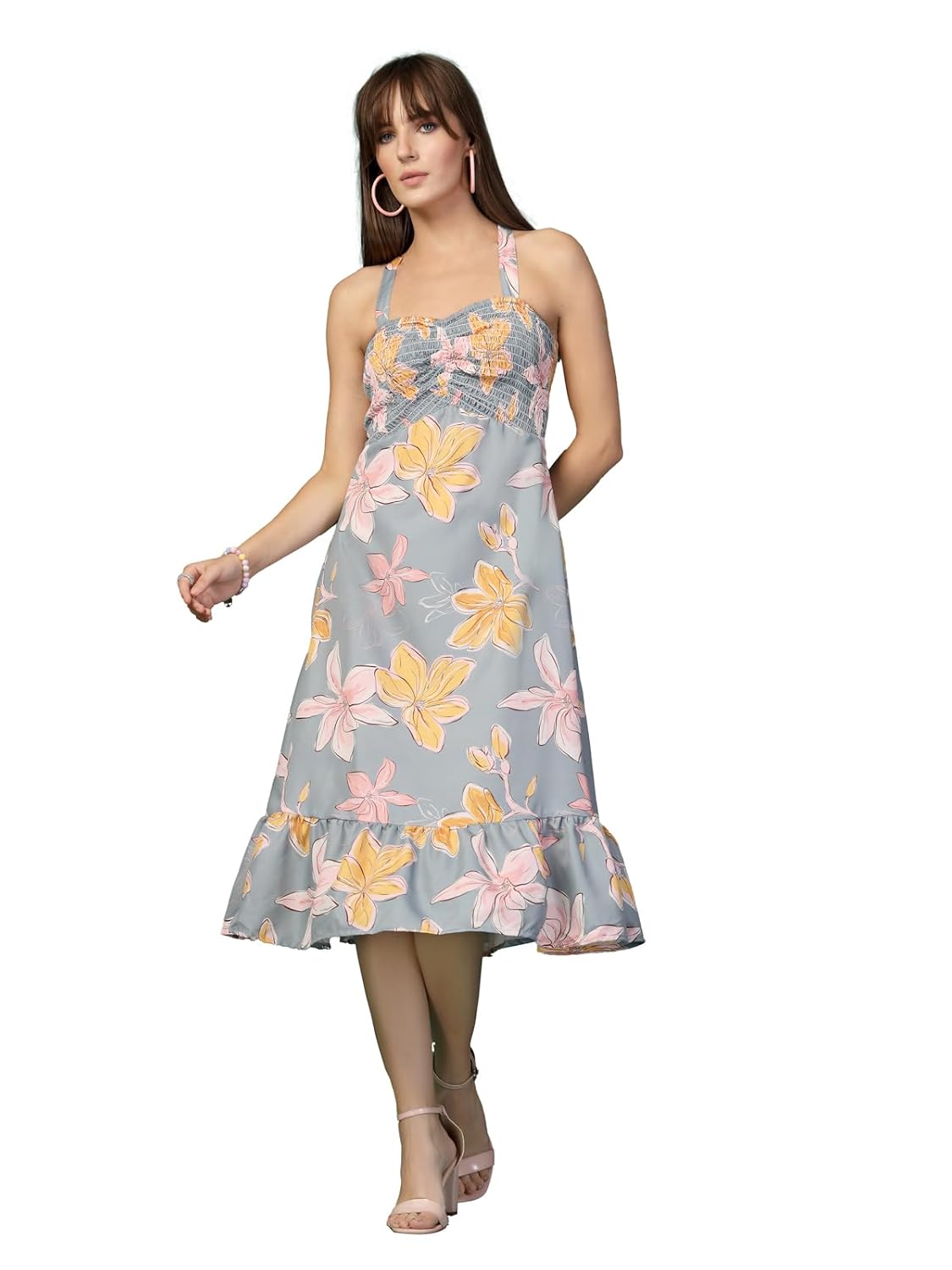OOMPH! Women A-Line Printed Crepe Midi Dress, Smocked Bodice