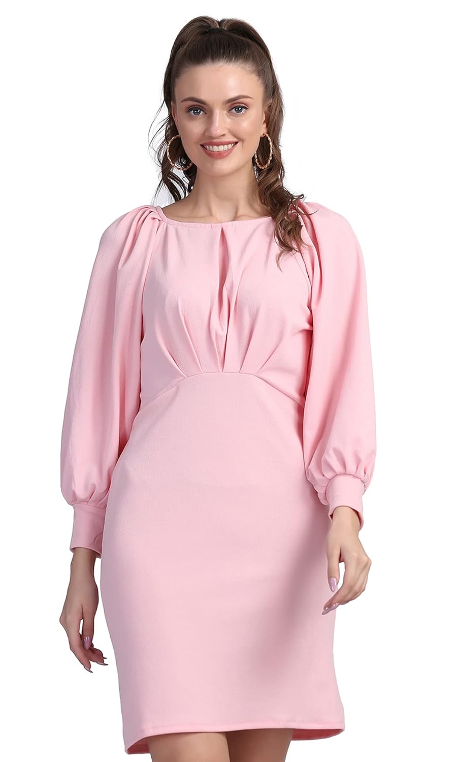 Shasmi Women's Comfortable Mustard Round Neck Full Sleeve Solid Midi Bodycon Casual Western Stylish Dress