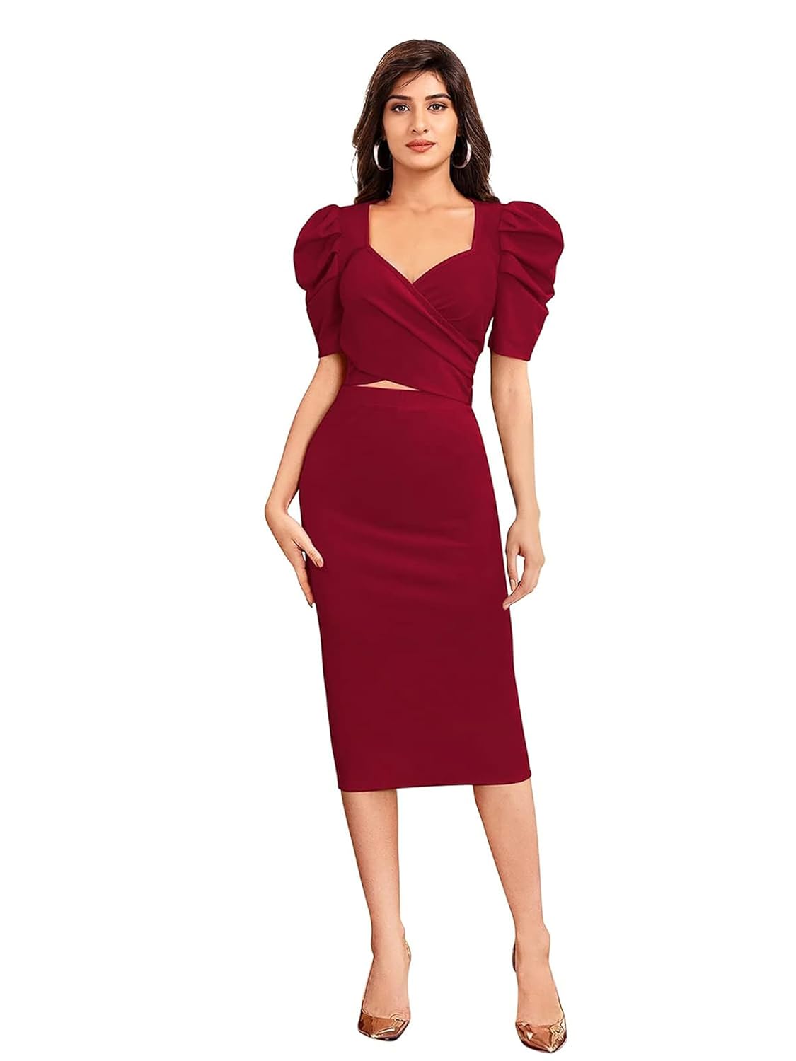 LONDON BELLY Women's Poly Cotton Top and Bottom Dress and Festival Bodycon Dress with Puff Sleeve