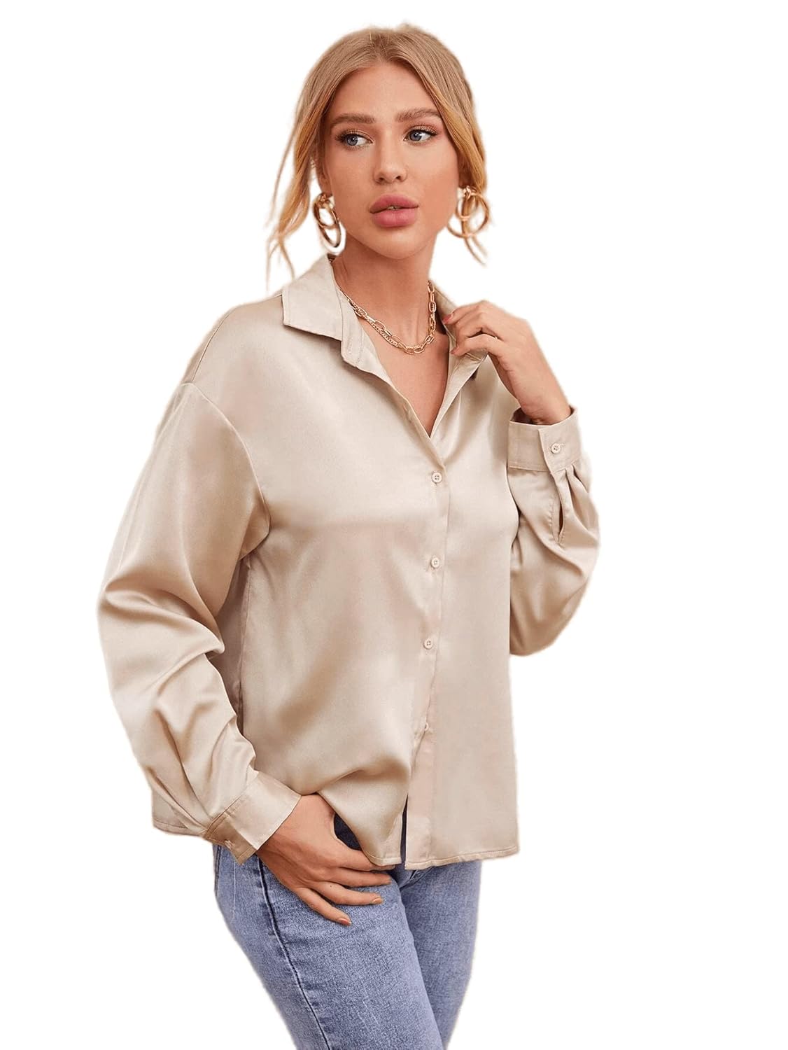 Bowrain Satin Silk Fabric Spread Collar Full Sleeve Top
