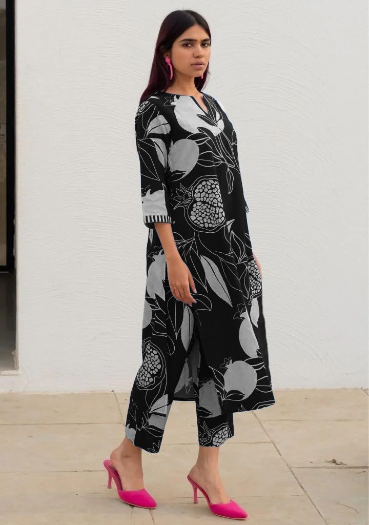 Women's Cotton Blend Straight Printed Kurta with Pant