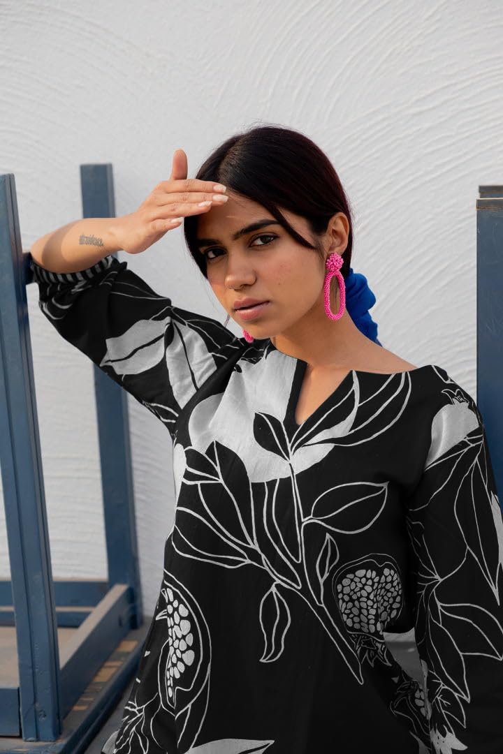 Women's Cotton Blend Straight Printed Kurta with Pant