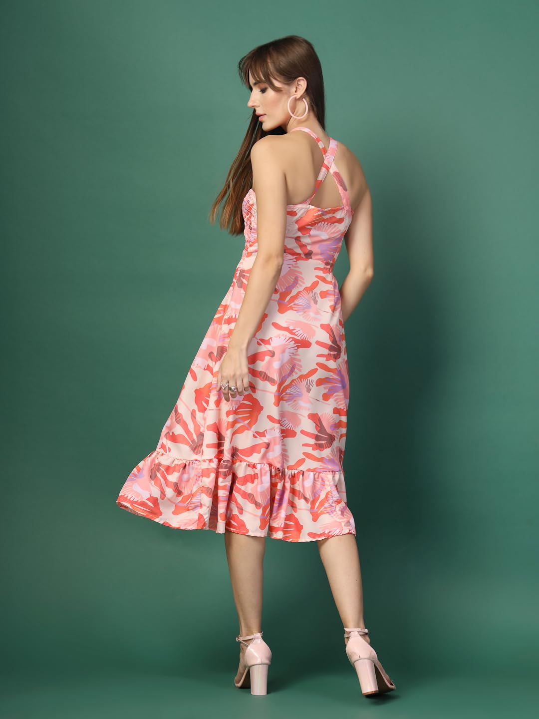 OOMPH! Women A-Line Printed Crepe Midi Dress, Smocked Bodice
