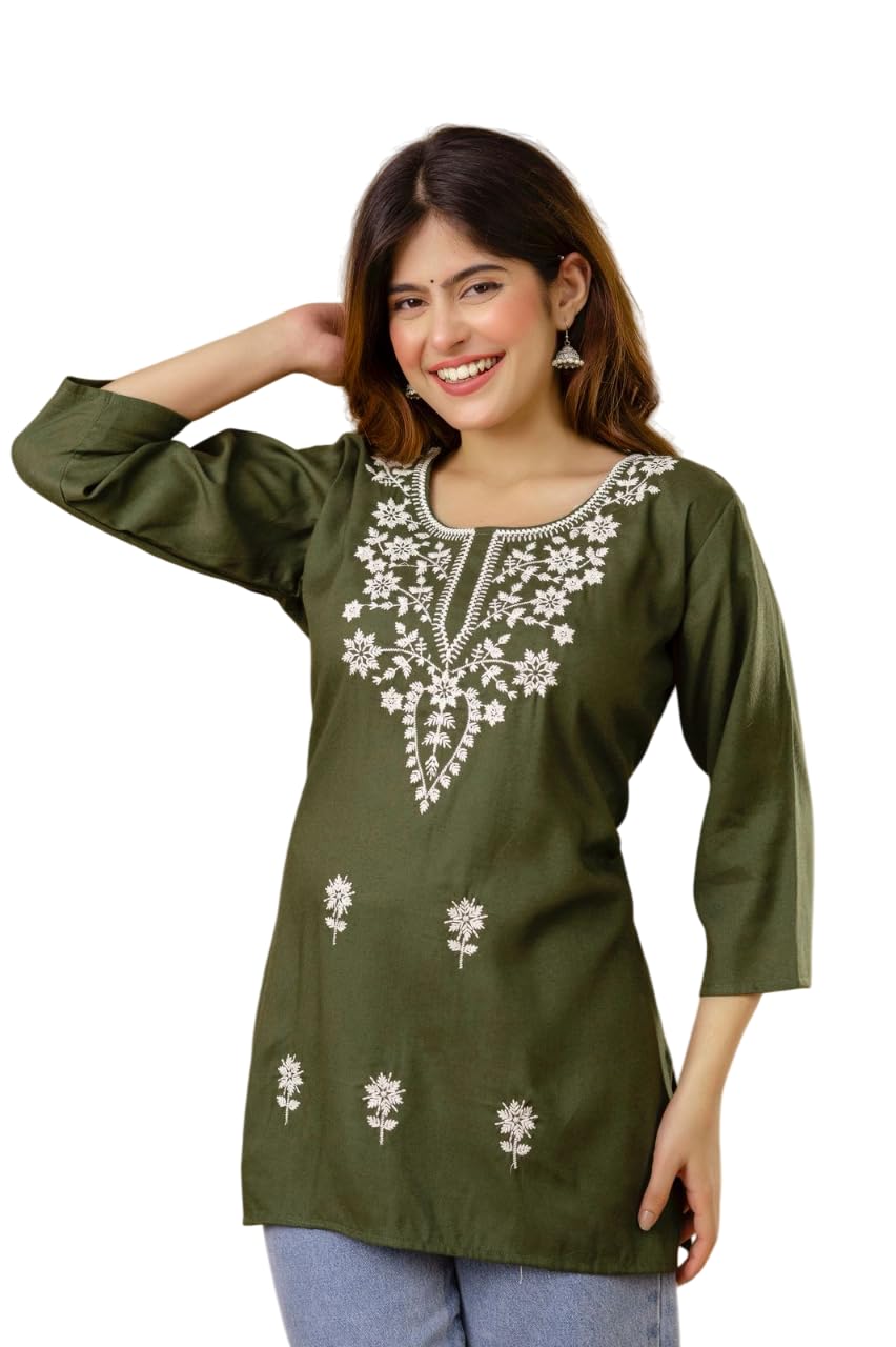 Women's Cotton Kurti with White Floral Embroidery