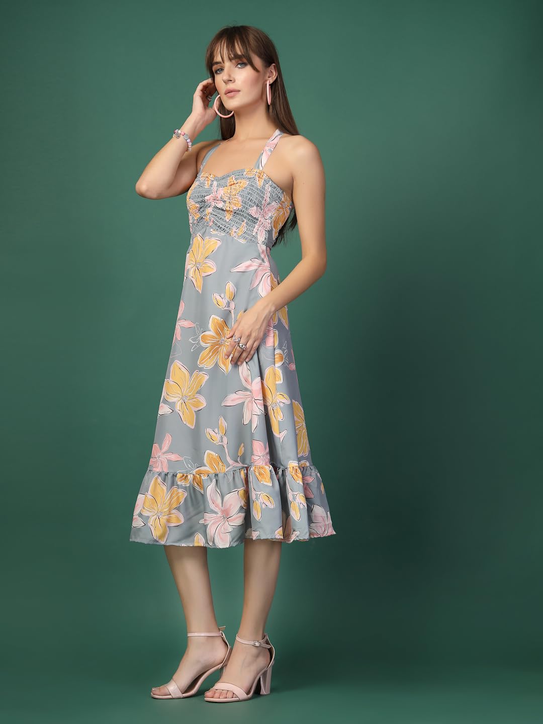 OOMPH! Women A-Line Printed Crepe Midi Dress, Smocked Bodice