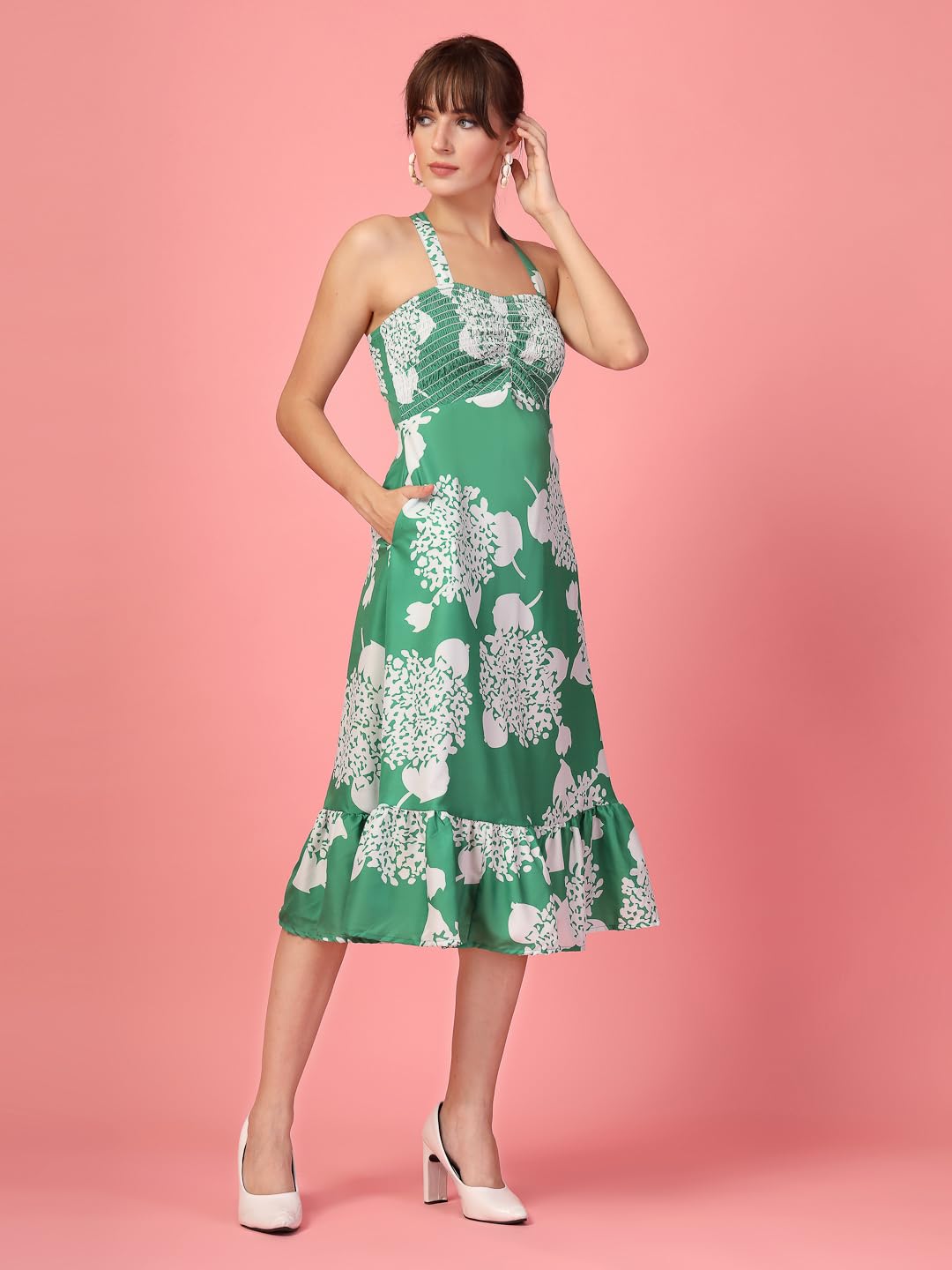 OOMPH! Women A-Line Printed Crepe Midi Dress, Smocked Bodice