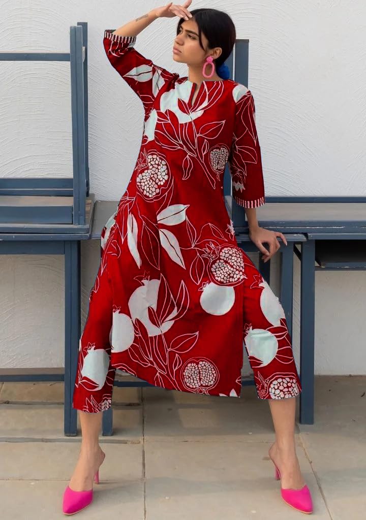 Women's Cotton Blend Straight Printed Kurta with Pant