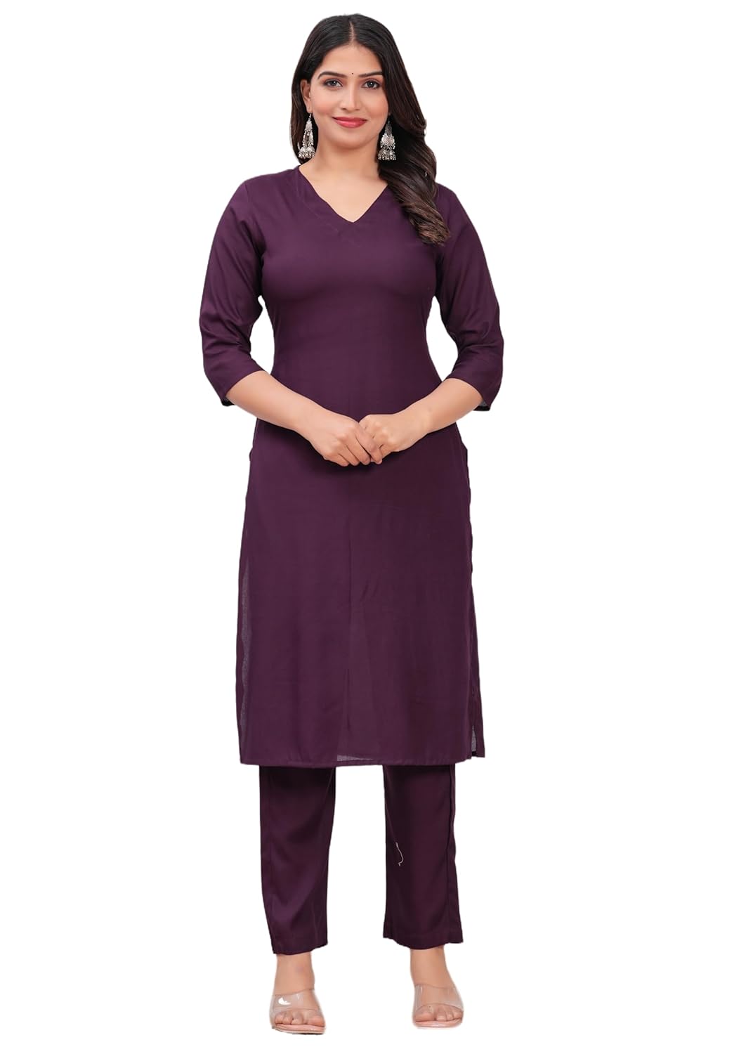 Women's Rayon Solid Plain v Neck Kurta Trouser/Pant Set
