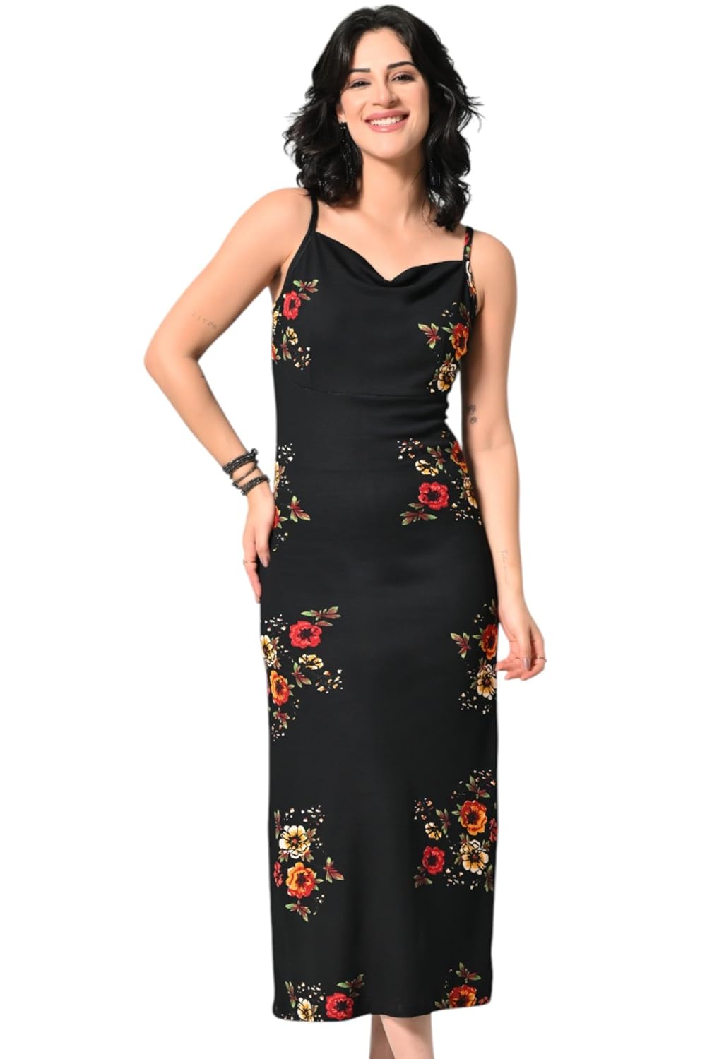 SAKSHI TRADER Women's Elegant Black Bodycon Midi Dress
