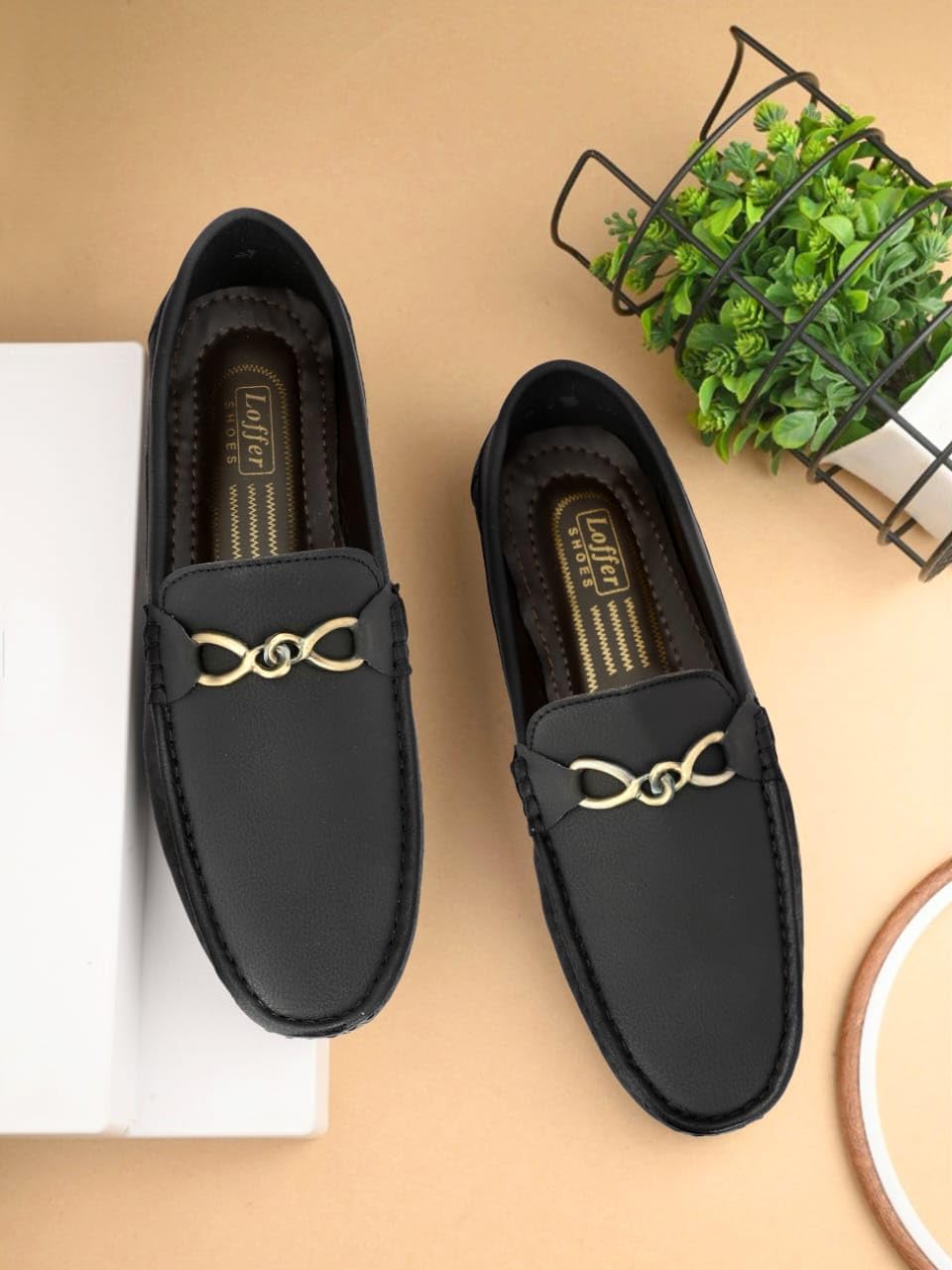 Men's Classic Loafers with Metal Buckle Detail, Black - alphahostel.in