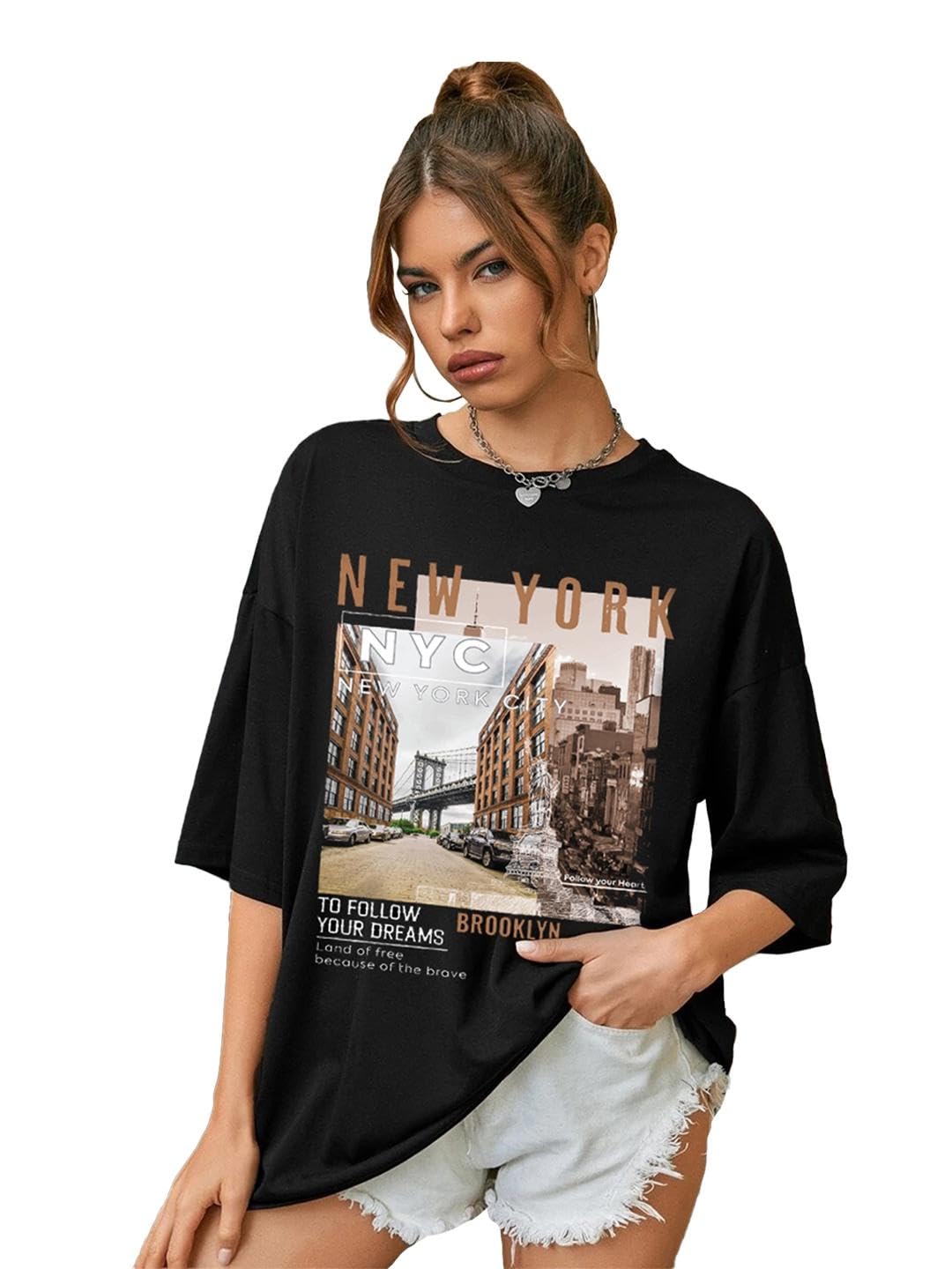 CHKOKKO Women's Polyester Oversized Fit Oversized Round Neck Drop Shoulder Printed T-Shirt