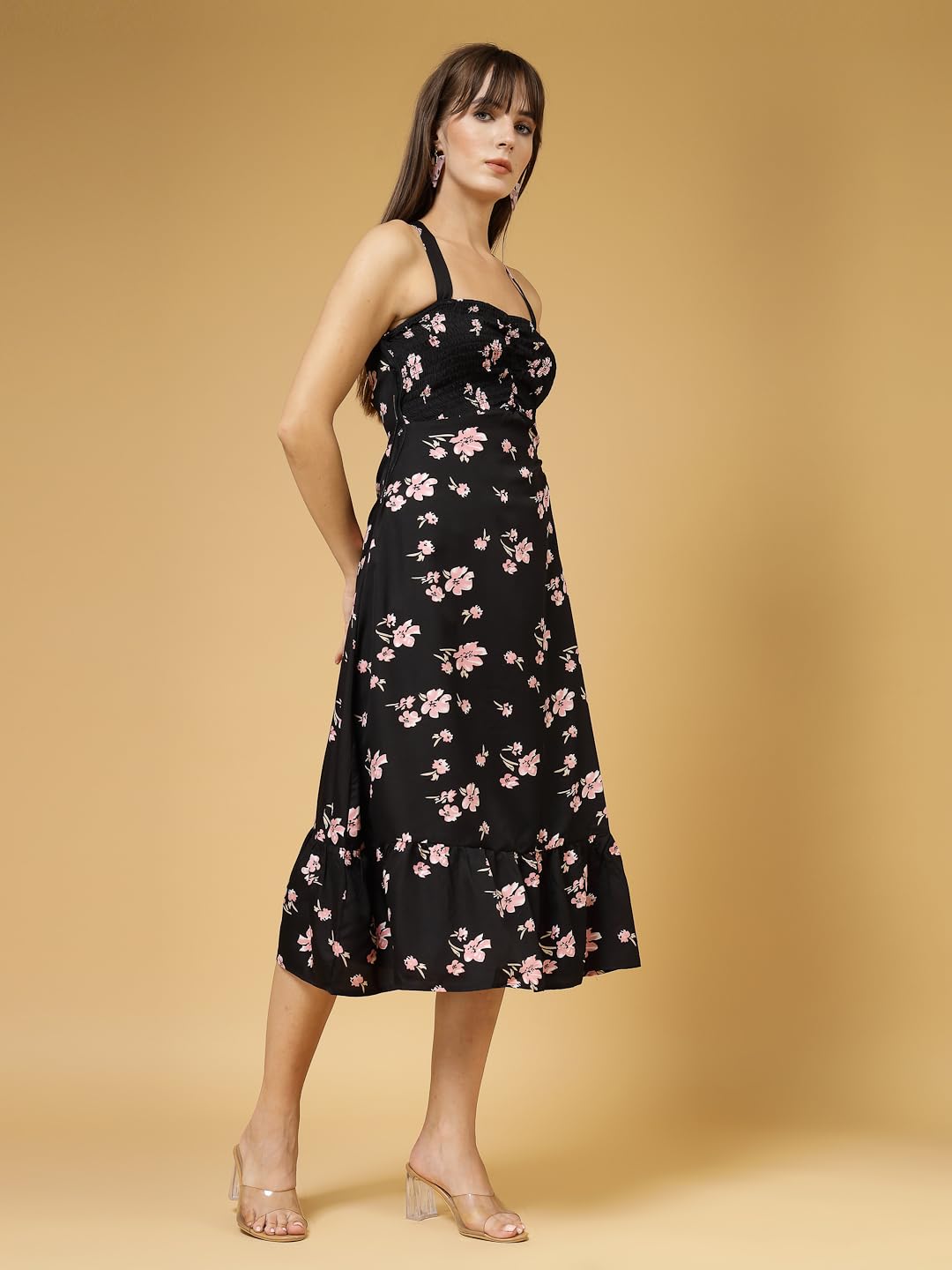 OOMPH! Women A-Line Printed Crepe Midi Dress, Smocked Bodice