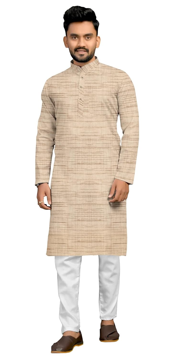 Mens Cotton Blend Full Sleeves Solid Casual Long Kurta
