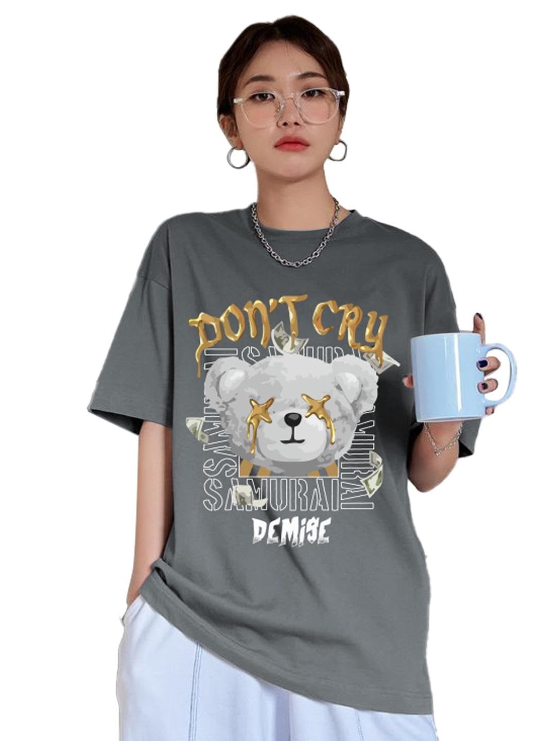 CHKOKKO Women's Polyester Oversized Fit Oversized Round Neck Drop Shoulder Printed T-Shirt