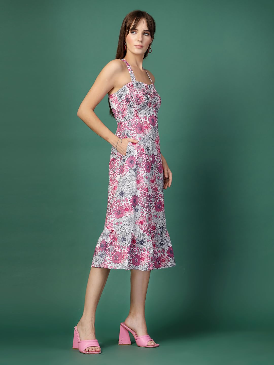 OOMPH! Women A-Line Printed Crepe Midi Dress, Smocked Bodice