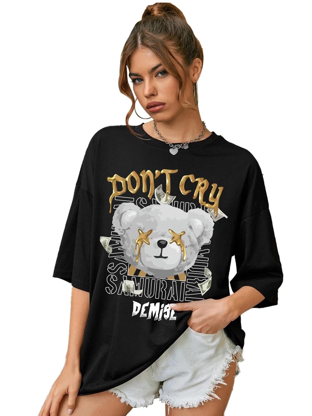 CHKOKKO Women's Polyester Oversized Fit Oversized Round Neck Drop Shoulder Printed T-Shirt