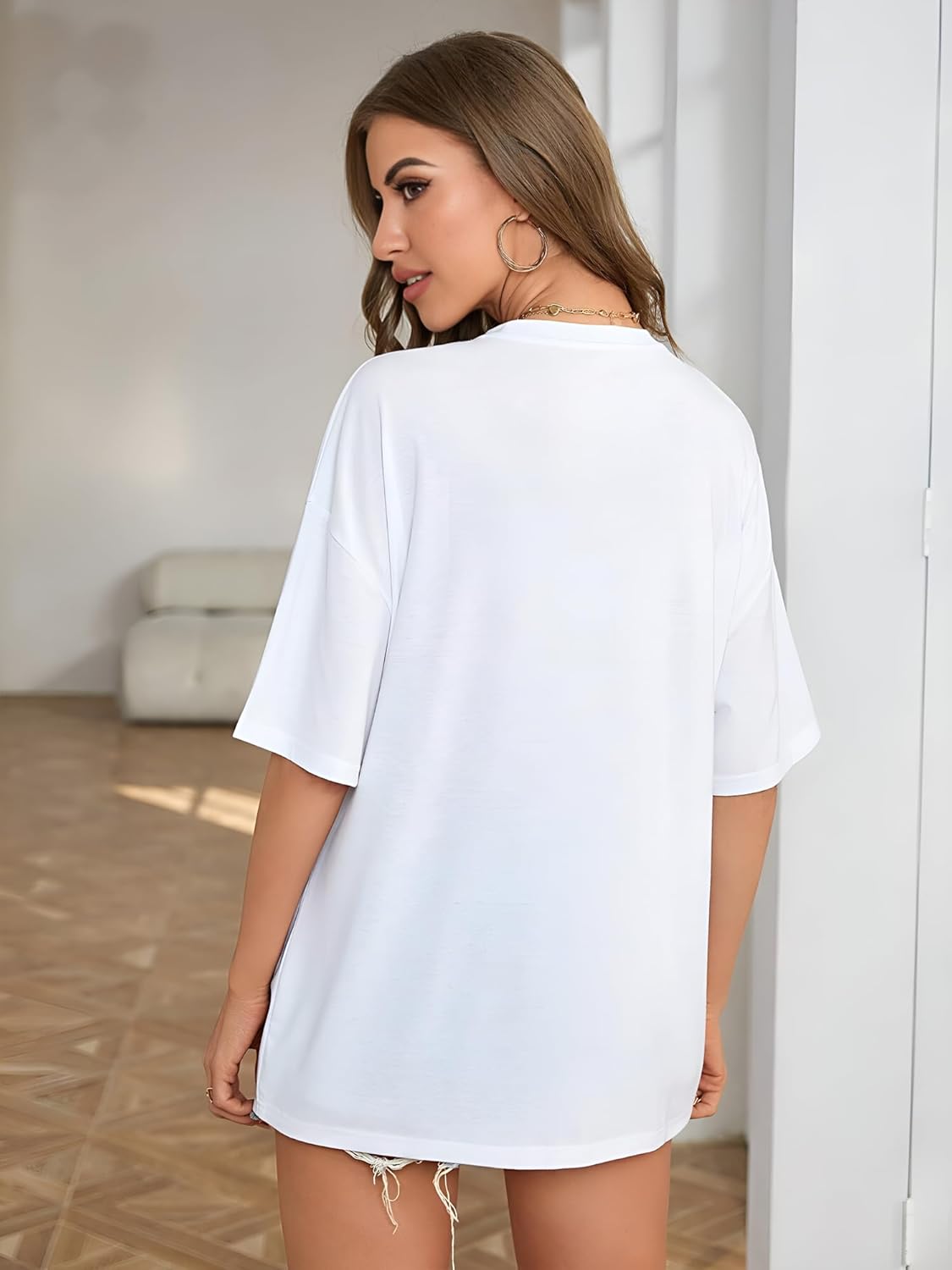 TQH Women's Casual Printed Round Neck, Oversized Longline Drop Shoulder Boho Style T-Shirt