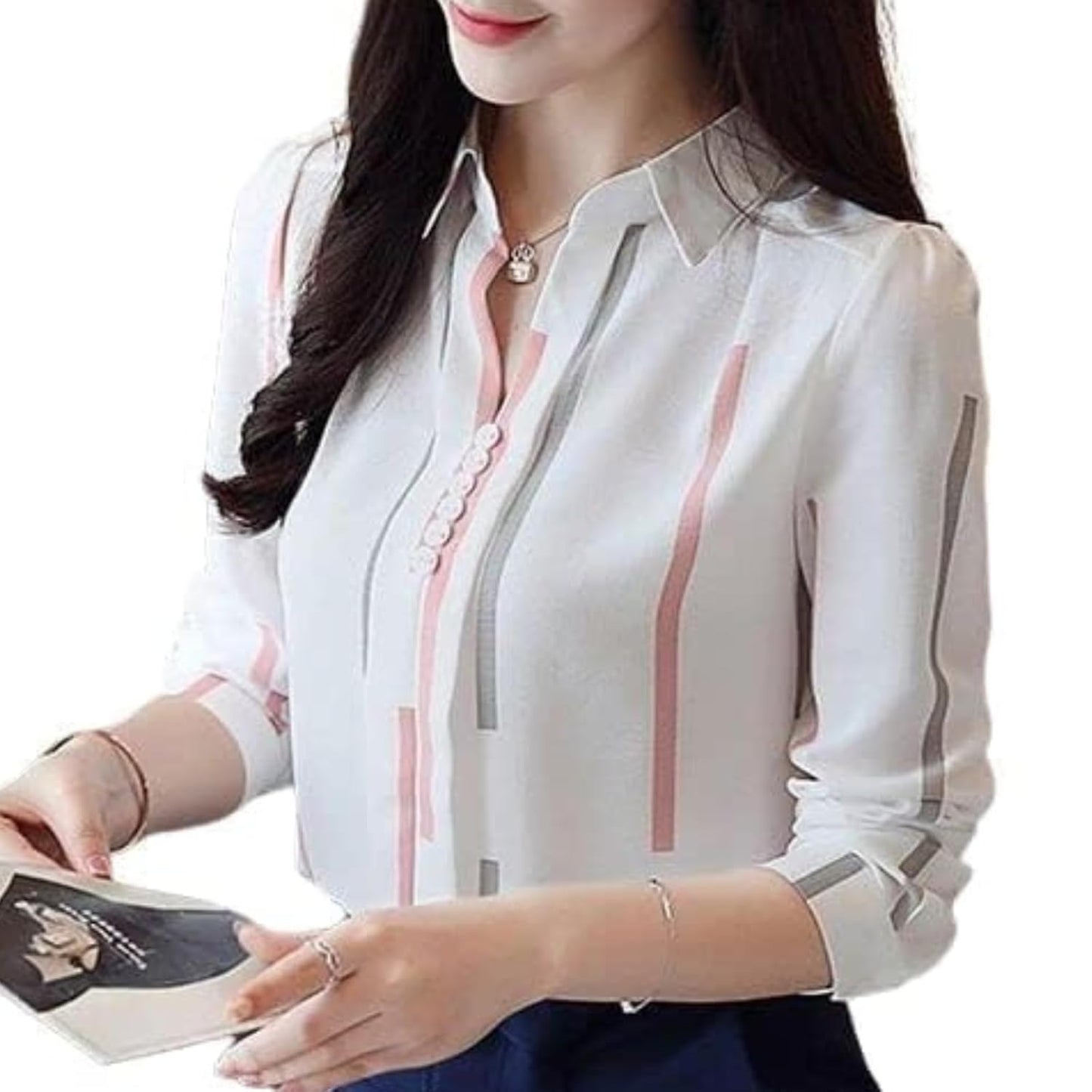 ROYALICA Trendy Regular Fit Striped White Colour Cotton Blend Collared Shirt for Womens