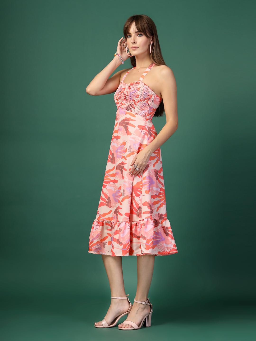 OOMPH! Women A-Line Printed Crepe Midi Dress, Smocked Bodice