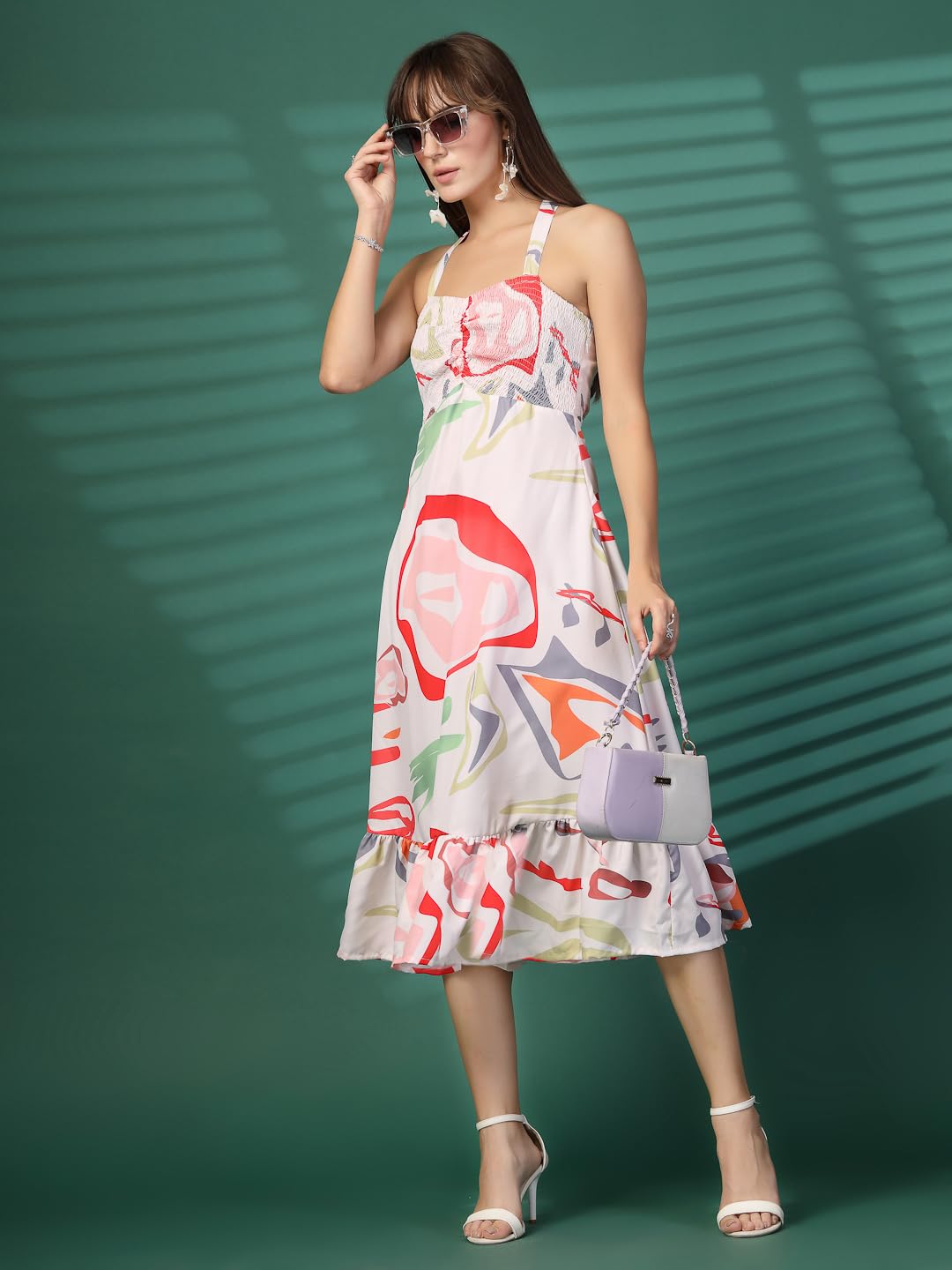 OOMPH! Women A-Line Printed Crepe Midi Dress, Smocked Bodice