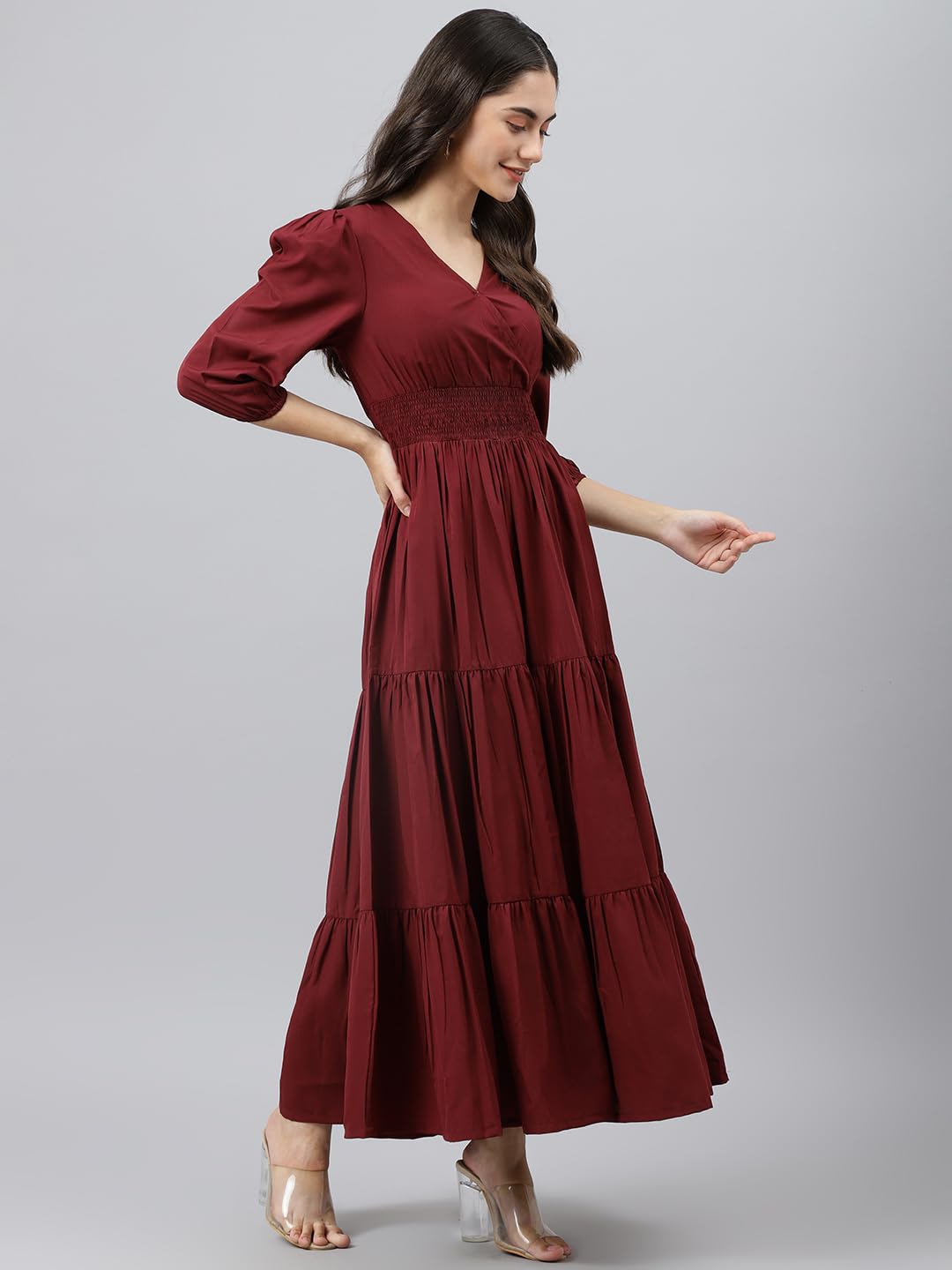 DEEBACO Women's Fit & Flare Maxi Dress|V-Neck|Full Length Long Dresses for Women|A-Line Dress|Stylish for Ladies|Beach Dress for Women