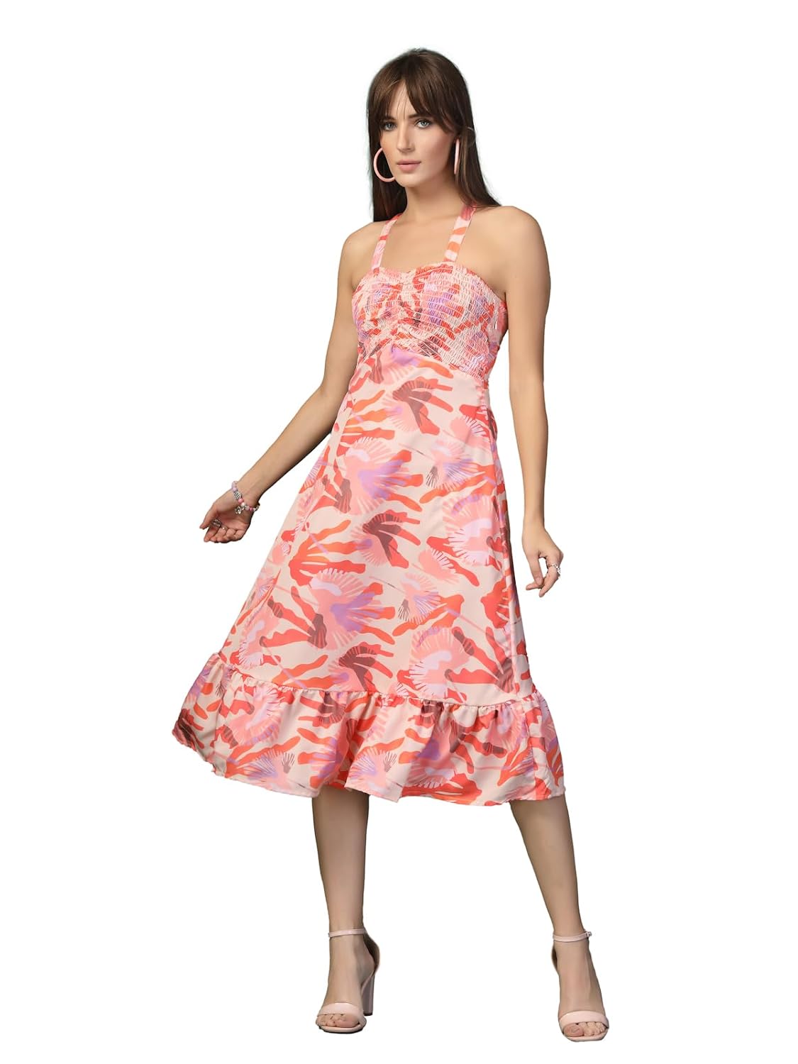 OOMPH! Women A-Line Printed Crepe Midi Dress, Smocked Bodice