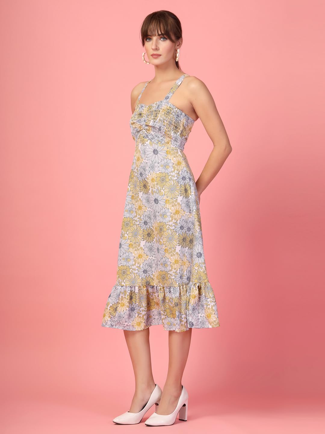 OOMPH! Women A-Line Printed Crepe Midi Dress, Smocked Bodice