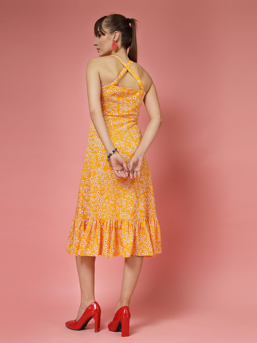 OOMPH! Women A-Line Printed Crepe Midi Dress, Smocked Bodice