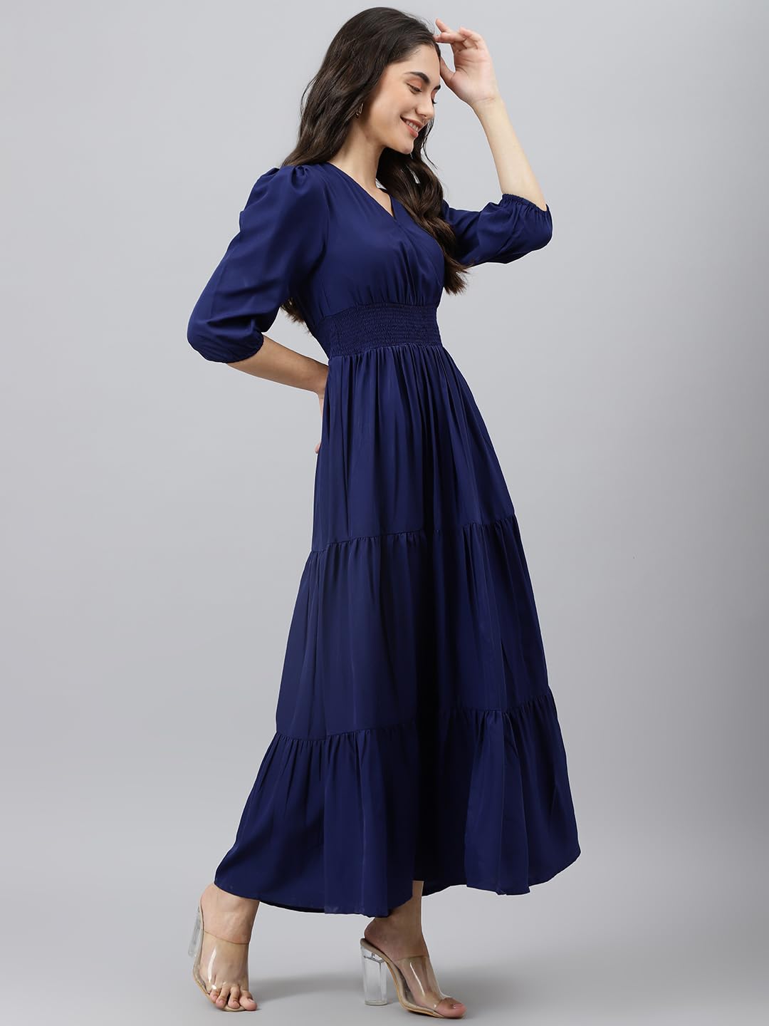 DEEBACO Women's Fit & Flare Maxi Dress|V-Neck|Full Length Long Dresses for Women|A-Line Dress|Stylish for Ladies|Beach Dress for Women