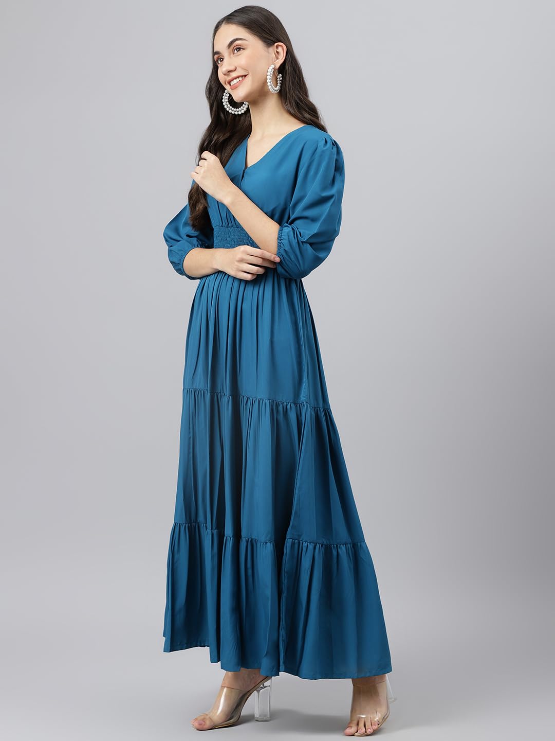 DEEBACO Women's Fit & Flare Maxi Dress|V-Neck|Full Length Long Dresses for Women|A-Line Dress|Stylish for Ladies|Beach Dress for Women