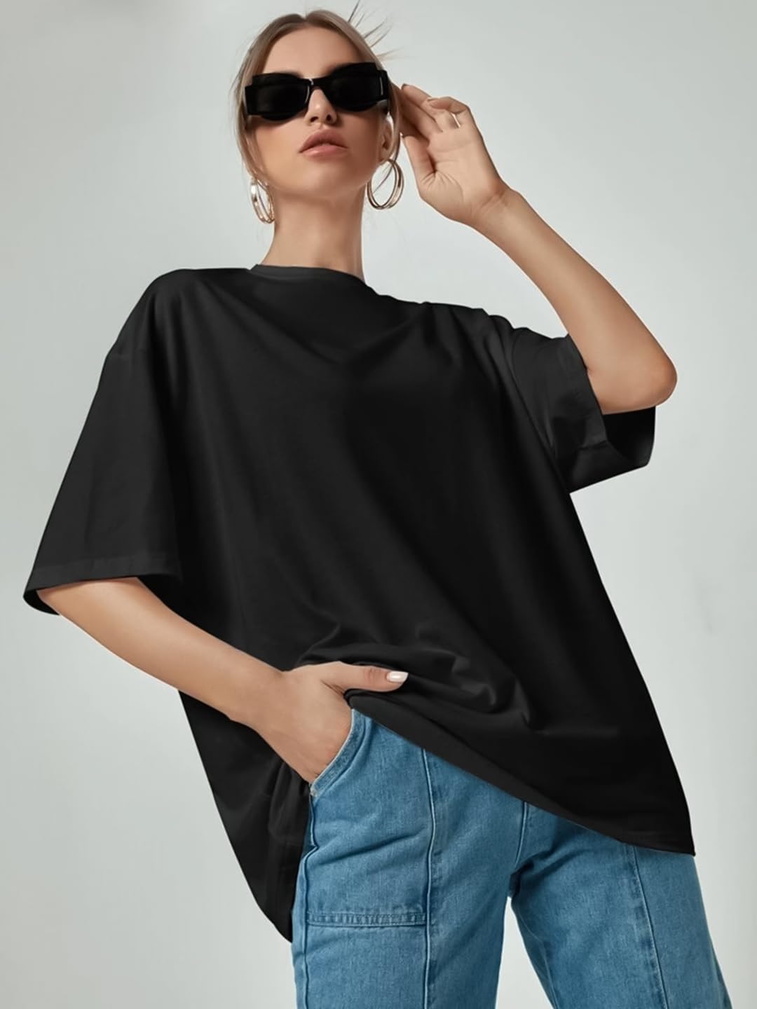 CHKOKKO Oversized Round Neck Drop Shoulder Solid