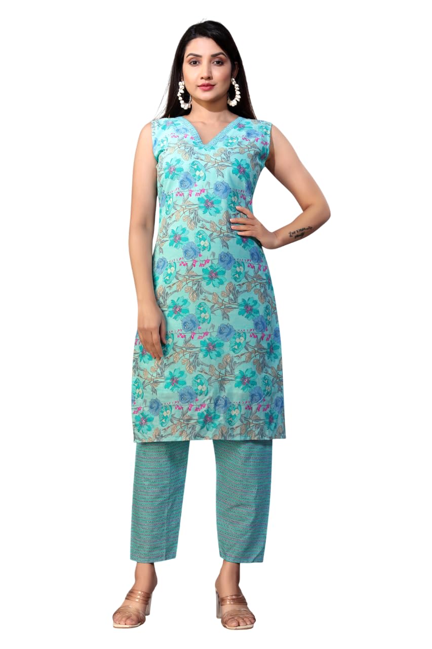Varni Fabrics Floral Print Cotton Kurti, Sleeveless V-Neck