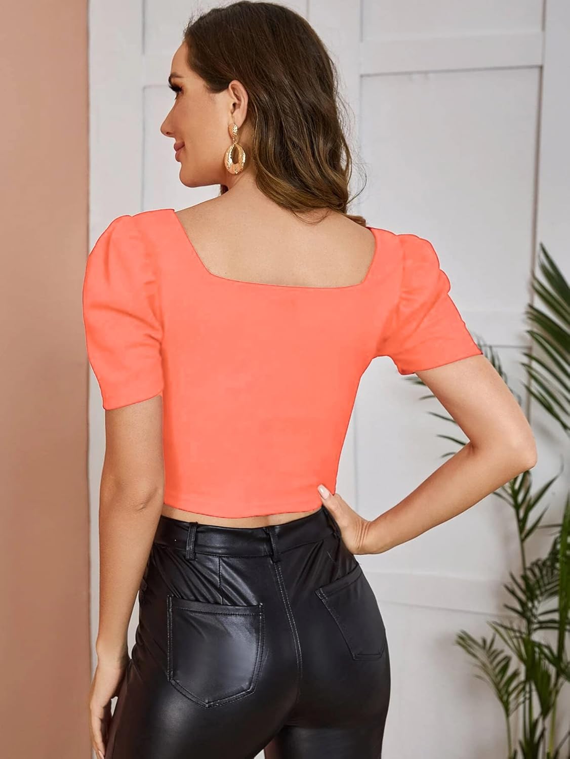 Istyle Can Solid/Plain Puff Sleeve/Short Sleeve Square Neck Slim Fit Streachable Lycra Blend Crop Top for Women | Crop top | Square Neck top | top for Women