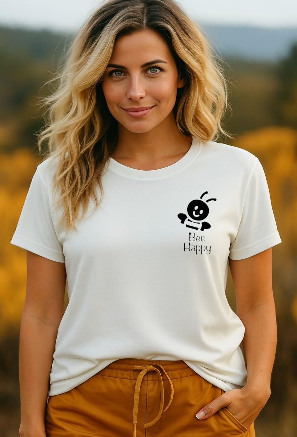 Adixus Women's Bee Happy Graphic Print T-Shirt, White, Crew Neck, Polyester