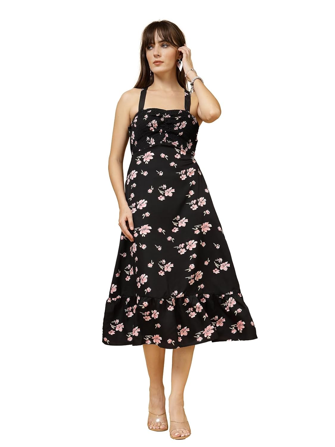 OOMPH! Women A-Line Printed Crepe Midi Dress, Smocked Bodice