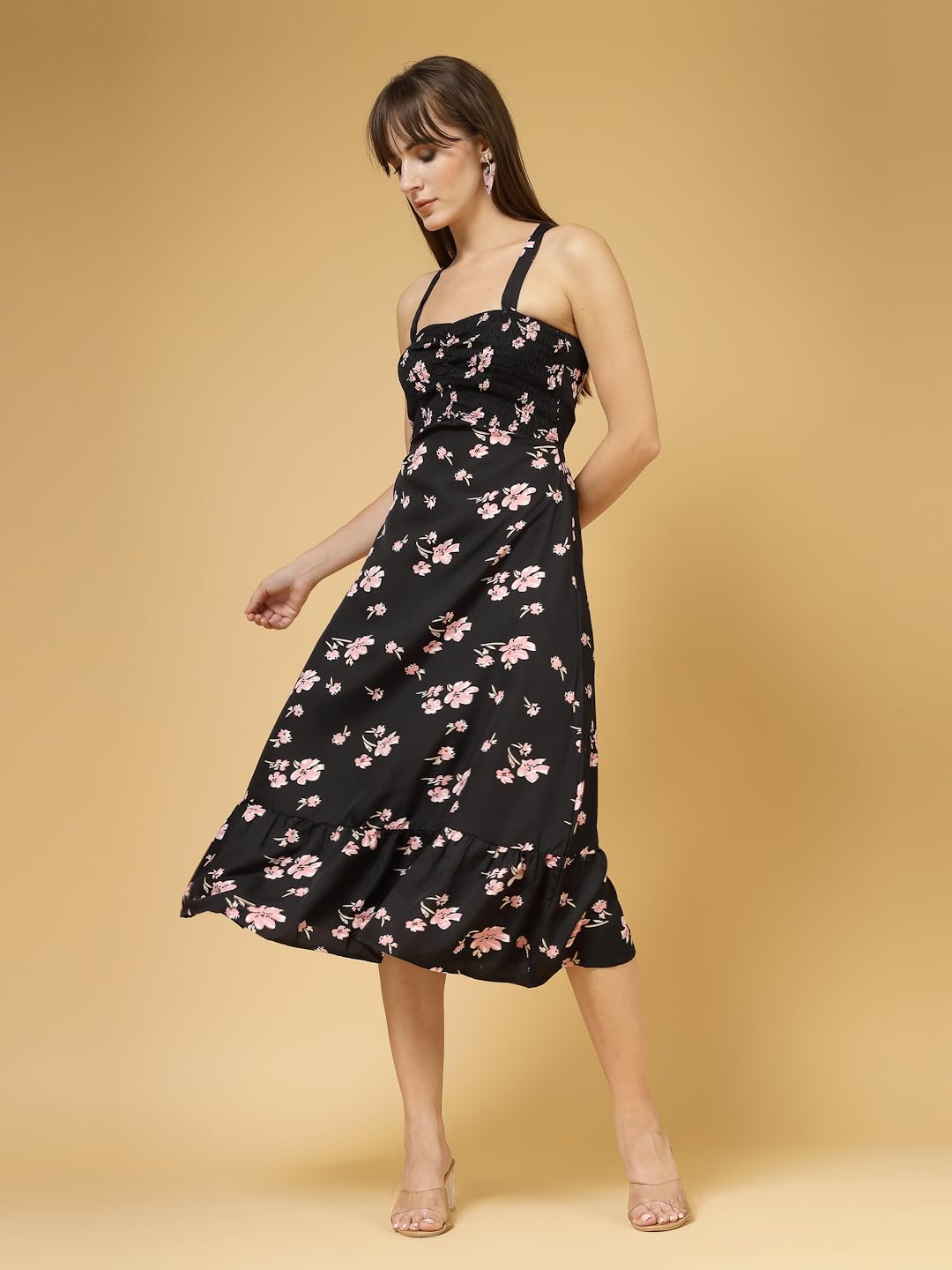 OOMPH! Women A-Line Printed Crepe Midi Dress, Smocked Bodice