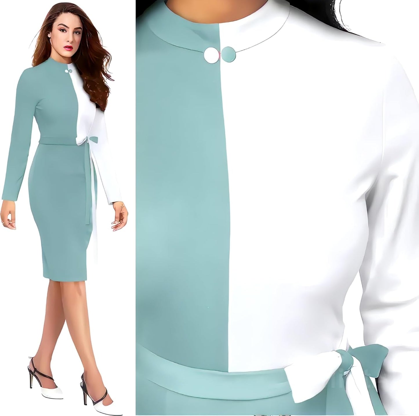 ZELZIS Women Polyester Colourblock Western Bodycon One Piece Dress (Classic Coller with Comfortable Belt)