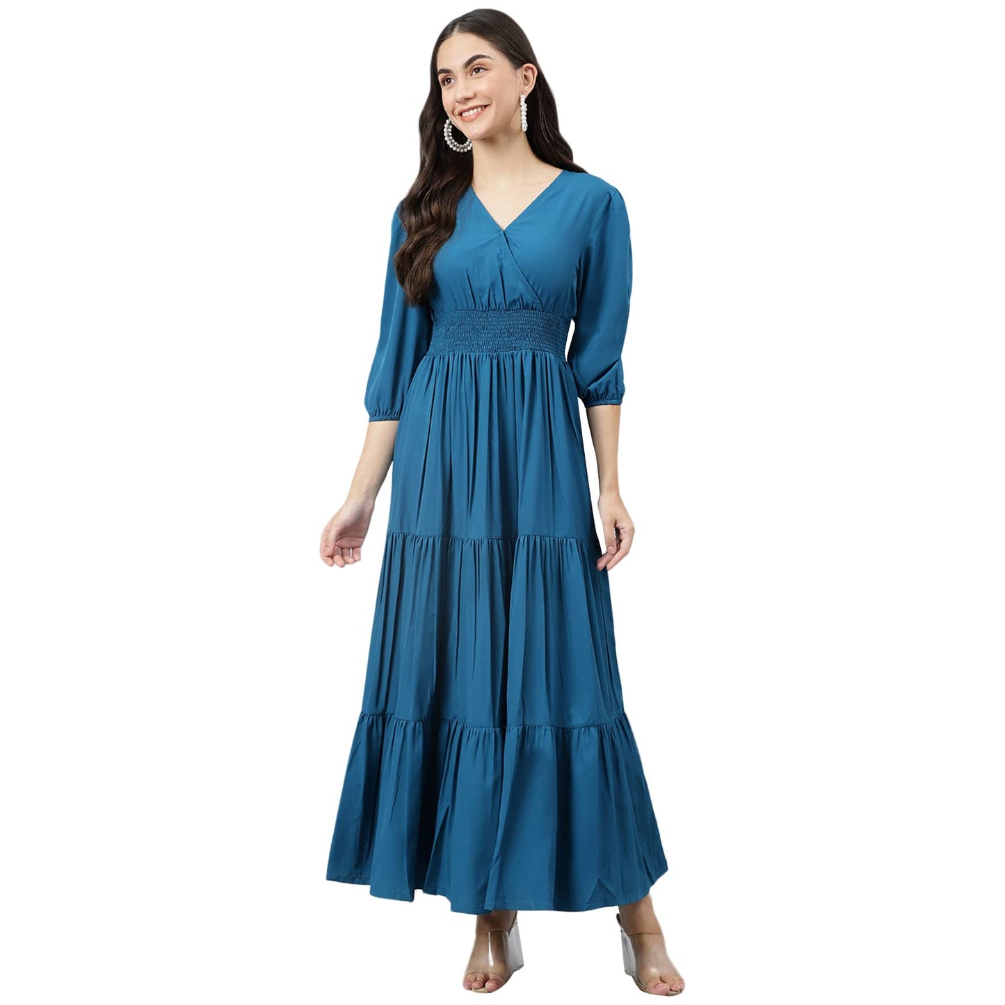 DEEBACO Women's Fit & Flare Maxi Dress|V-Neck|Full Length Long Dresses for Women|A-Line Dress|Stylish for Ladies|Beach Dress for Women