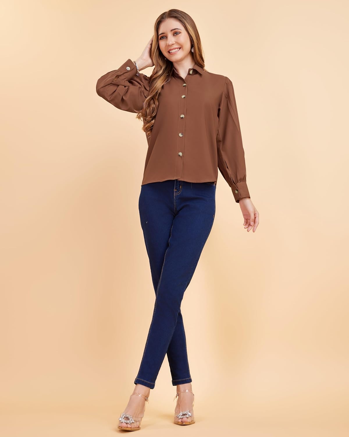 harshiv Enterprise Women's Crepe Casual Balloon Sleeve Shirt | Stylish Lightweight Top for Office, Travel Comfortable, Breathable, Easy to Care Fabric