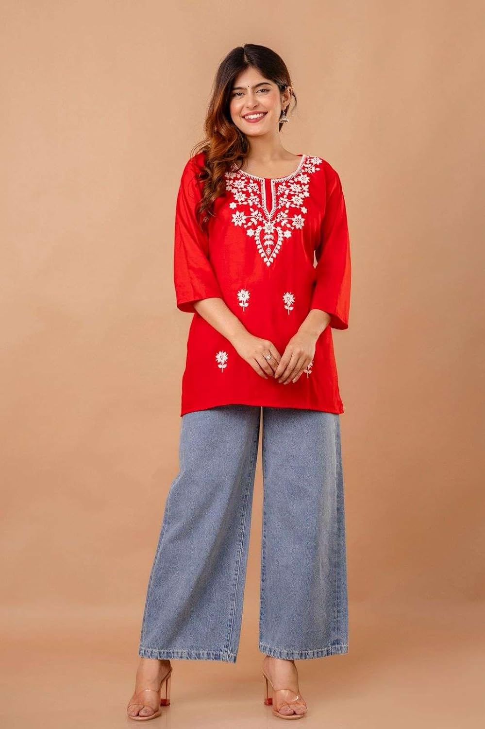 Women's Cotton Kurti with White Floral Embroidery