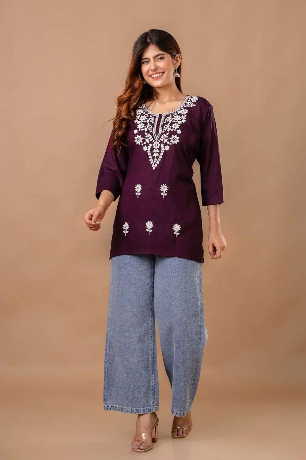 Women's Cotton Kurti with White Floral Embroidery