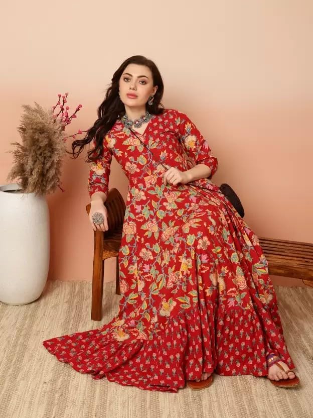 Women's Rayon Anarkali Floral Printed Angrakha Kurta