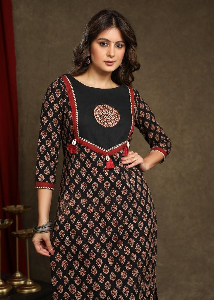 Siya Silk Straight Pure Cotton Ajrakh Print Black Kurti