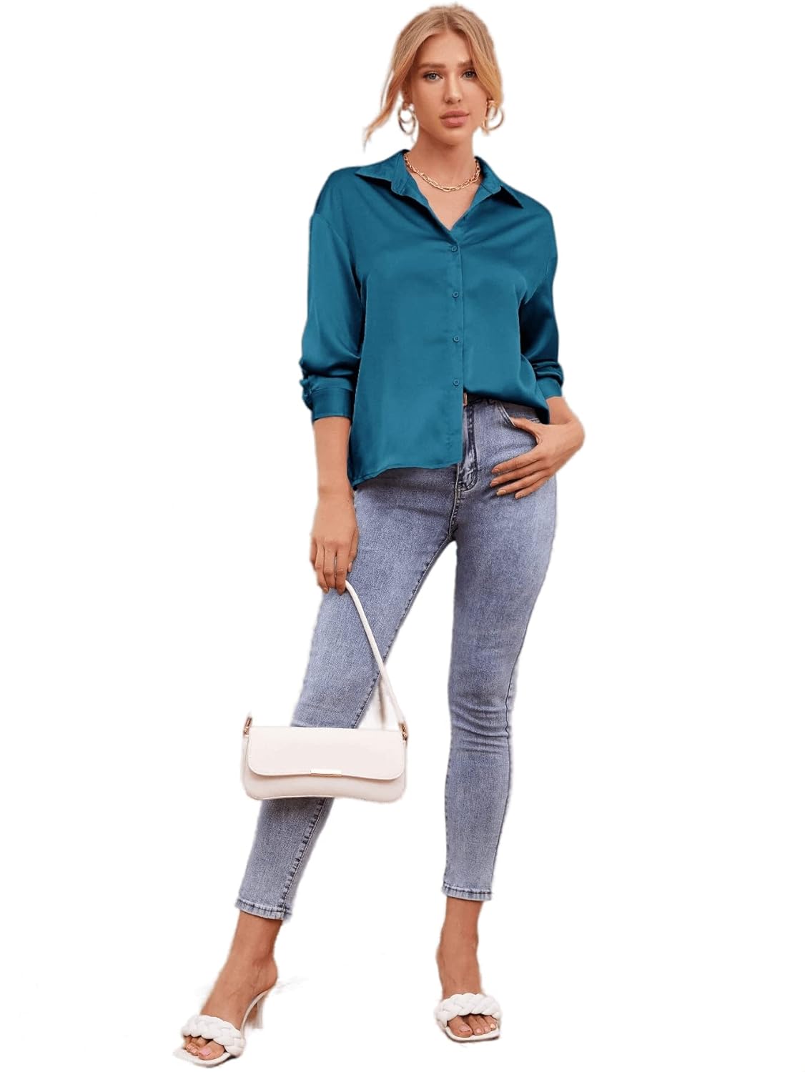 Bowrain Satin Silk Fabric Spread Collar Full Sleeve Top