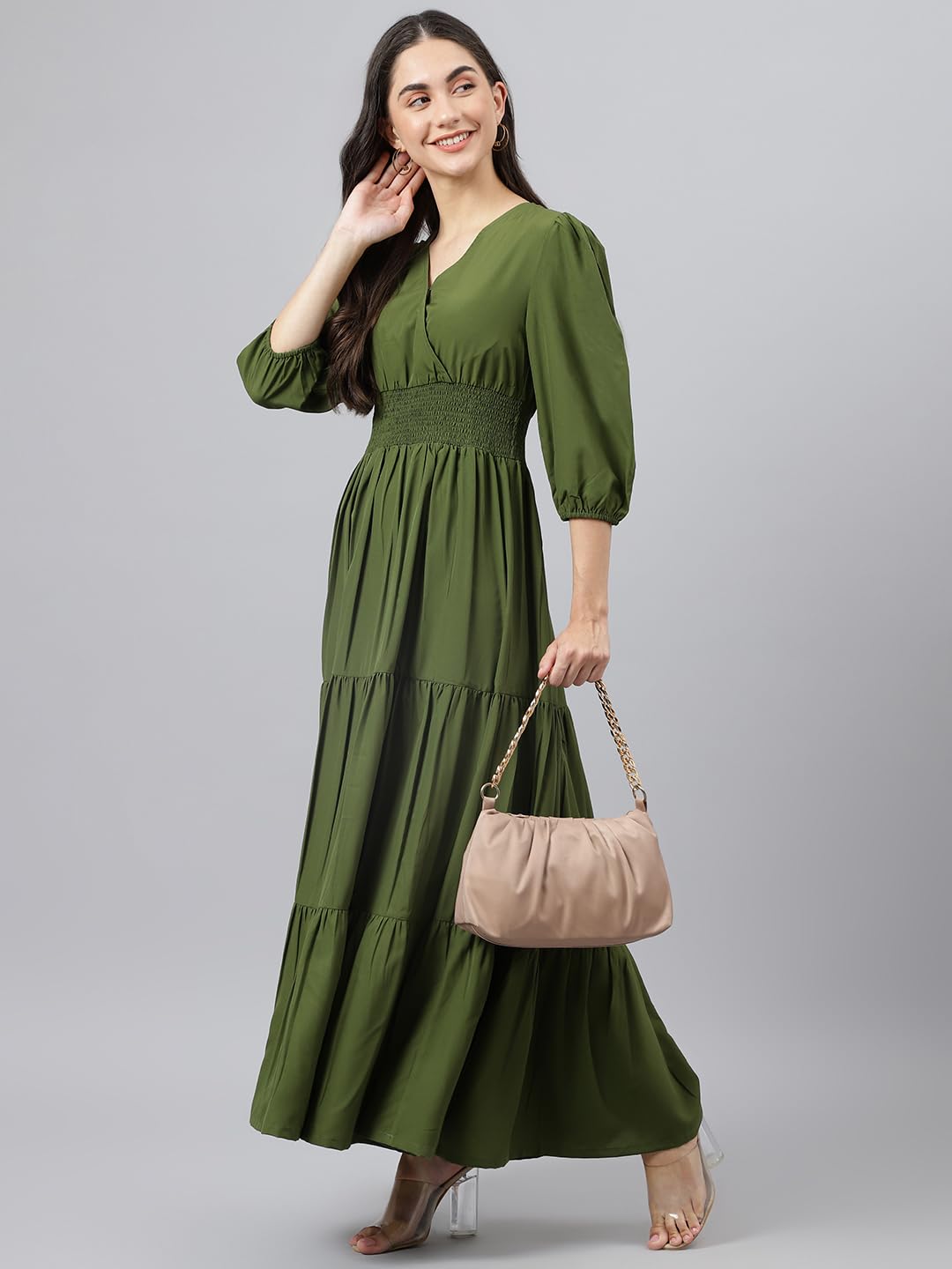 DEEBACO Women's Fit & Flare Maxi Dress|V-Neck|Full Length Long Dresses for Women|A-Line Dress|Stylish for Ladies|Beach Dress for Women