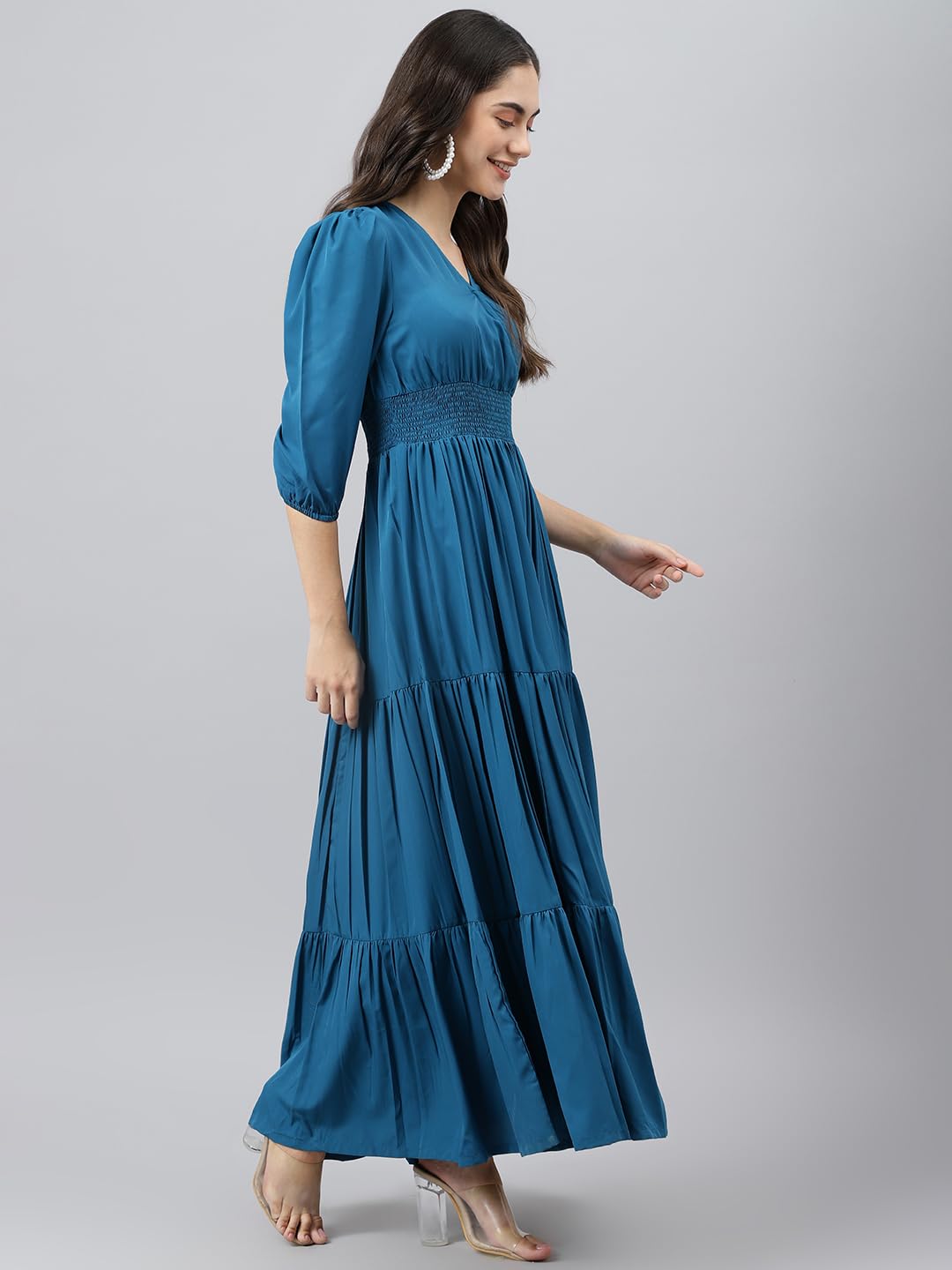 DEEBACO Women's Fit & Flare Maxi Dress|V-Neck|Full Length Long Dresses for Women|A-Line Dress|Stylish for Ladies|Beach Dress for Women