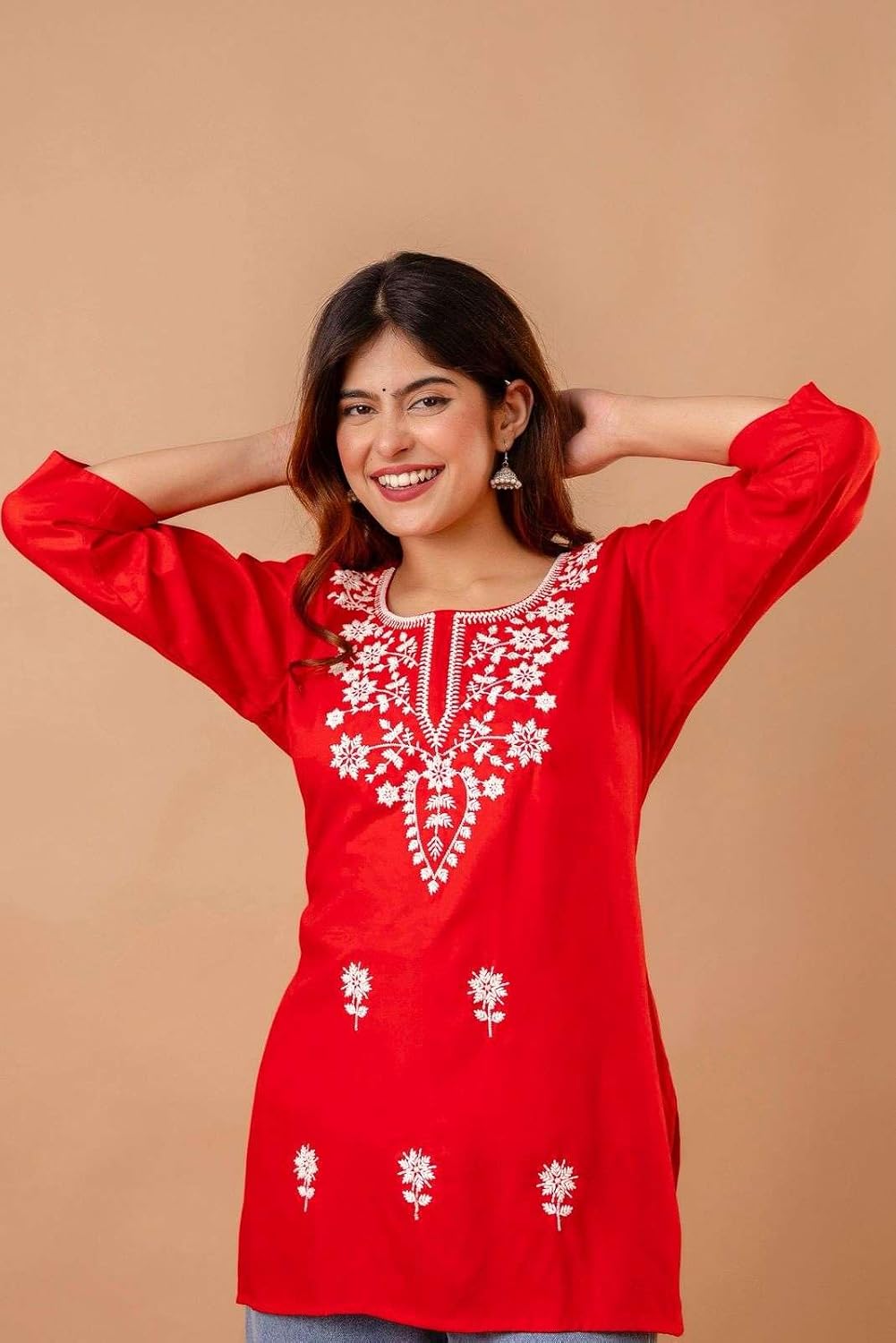 Women's Cotton Kurti with White Floral Embroidery