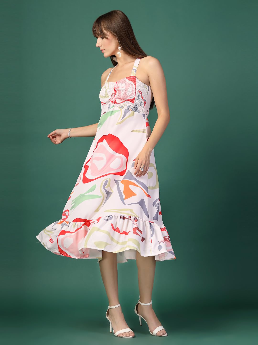 OOMPH! Women A-Line Printed Crepe Midi Dress, Smocked Bodice